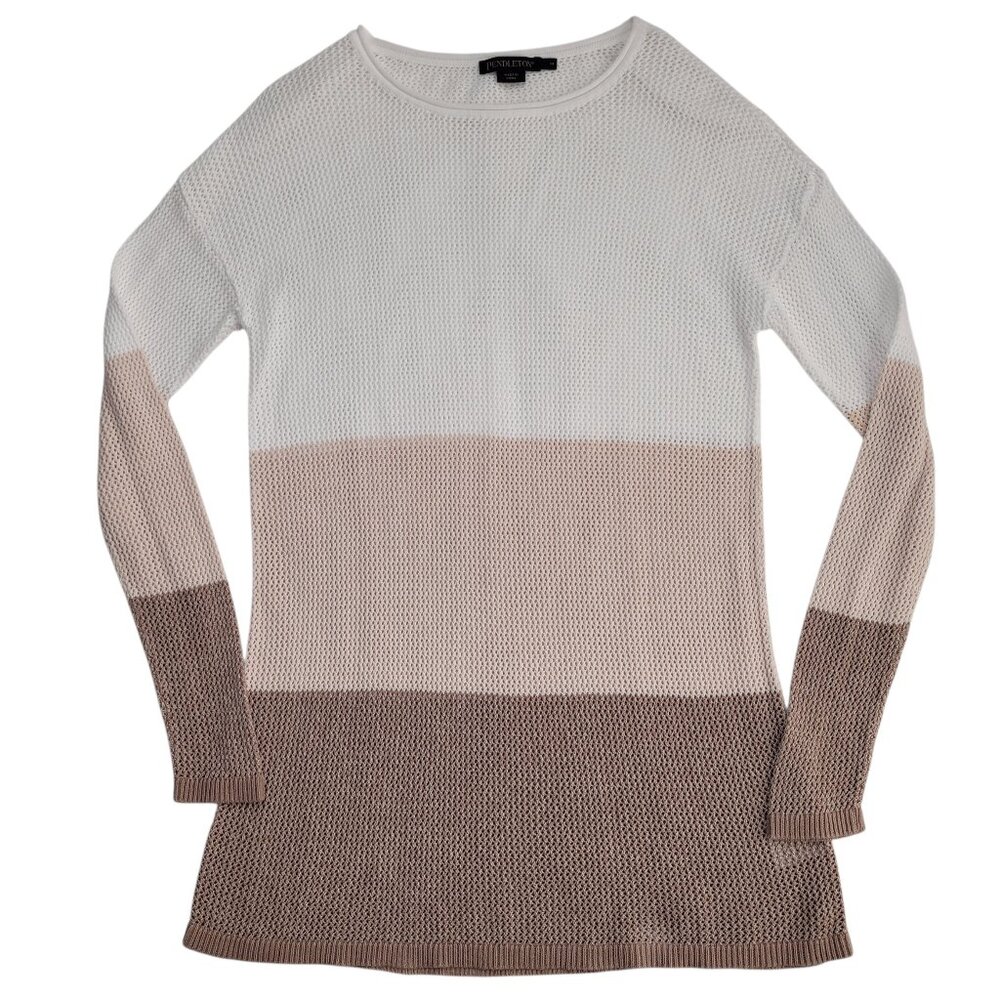 Pendleton Colorblock Knit Sweater Beige White Brown Medium Coastal Boho - Picture 2 of 9